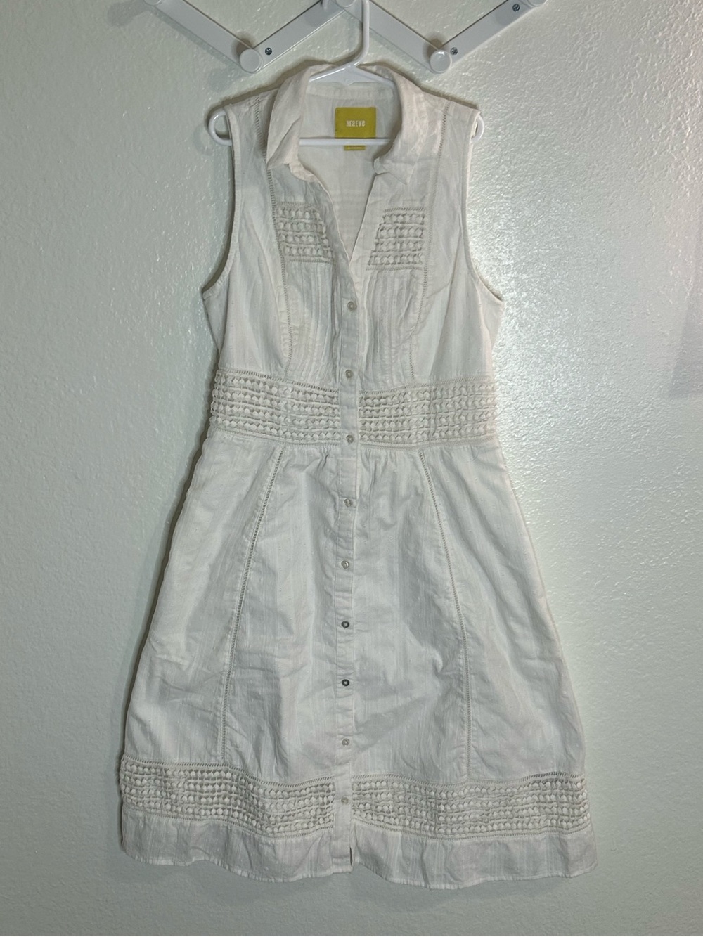 Maeve White Sleeveless Button-Front Cotton Dress with Trim